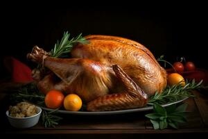 AI generated a large turkey with rosemary and oranges on a plate photo