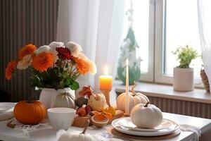 AI generated a table with pumpkins, flowers and candles photo