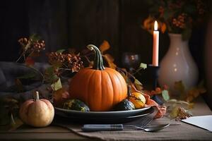 ai generado un mesa ajuste con un calabaza, manzanas, y otro otoño decoraciones foto