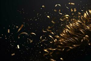 AI generated golden confetti and stream of confetti on black background photo