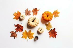 AI generated autumn leaves and pumpkins on white background photo