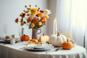 ai generado un mesa conjunto para acción de gracias con calabazas y flores foto