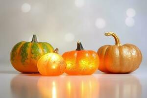 AI generated three pumpkins on a white background with a light photo
