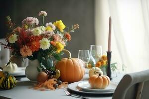 AI generated thanksgiving table setting with pumpkins and flowers photo