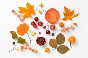 AI generated autumn leaves and berries arranged in a circle on a white background photo