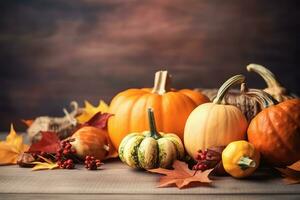 AI generated autumn pumpkins and leaves on a wooden table photo