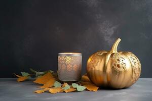 AI generated golden pumpkin with candle and leaves on a dark background photo