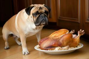 AI generated a pug dog is standing next to a turkey on a plate photo