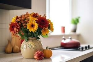 AI generated a vase of flowers sits on a counter in a kitchen photo