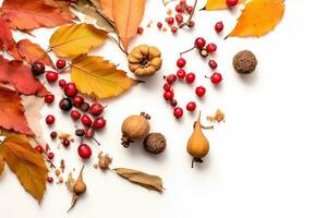 AI generated autumn leaves and berries on white background photo