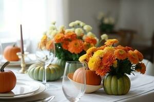 AI generated a table set with orange and yellow flowers and pumpkins photo