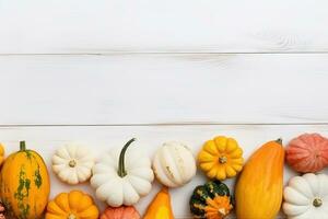 AI generated many different pumpkins and gourds on a white wooden table photo