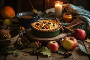 AI generated a pie with apples and cinnamon on a table photo