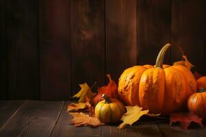 AI generated pumpkins and autumn leaves on a wooden table photo