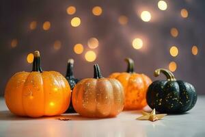 AI generated four pumpkins with lights on a table photo