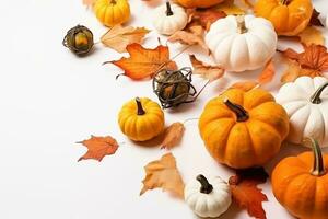 AI generated pumpkins and leaves on a white background photo