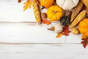 AI generated autumn background with pumpkins, corn and leaves photo