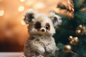 AI generated a stuffed animal is sitting on a table near a christmas tree photo