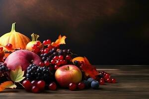 AI generated autumn fruits and vegetables on a wooden table photo
