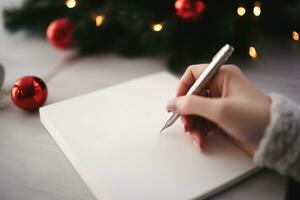 ai generado un mujer escritura en un cuaderno con un bolígrafo en un mesa cerca un Navidad árbol foto