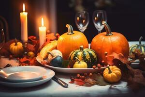 AI generated a table setting with pumpkins and candles photo