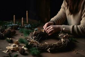 AI generated a woman is making a wreath with pine cones and candles photo