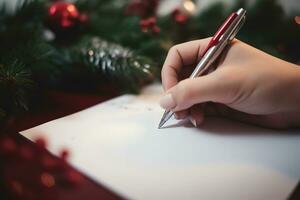 AI generated a hand writing a letter on a piece of paper with a pen in front of a christmas photo