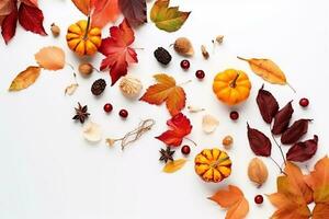 AI generated autumn leaves and pumpkins on white background photo