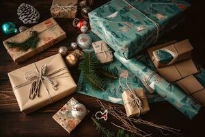AI generated christmas presents wrapped in brown paper on a wooden table photo