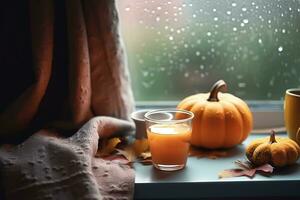 AI generated autumn leaves, pumpkin, coffee and mug on window sill photo