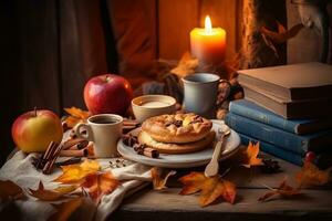AI generated autumn still life with apple, coffee, book and candle photo