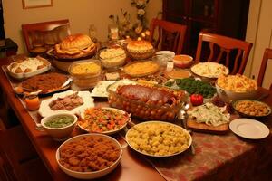 ai generado un mesa lleno de comida es mostrado con un grande plato de comida foto