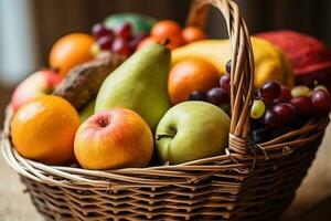 AI generated a basket filled with fruit on a wooden table photo