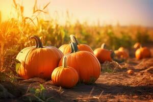 AI generated pumpkins in a field at sunset photo