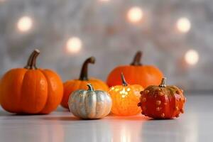 AI generated small pumpkins with lights on a table photo