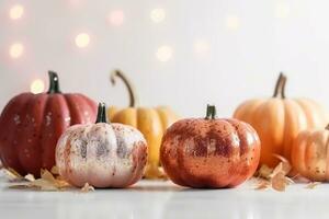 AI generated pumpkins on a white background with lights photo