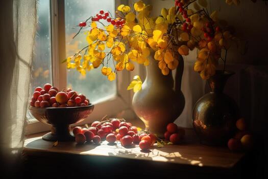 ai generado todavía vida con otoño frutas foto