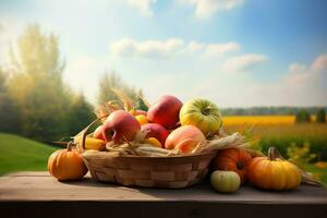 ai generado un cesta lleno de manzanas y calabazas en un mesa foto