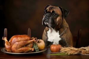 AI generated a boxer dog sits at a table with a turkey and pumpkins photo