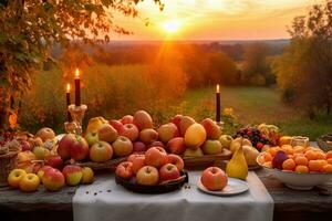 AI generated a table with apples, oranges and other fruit on it photo