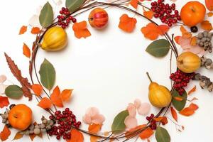 ai generado otoño guirnalda con otoño frutas y hojas en blanco antecedentes foto