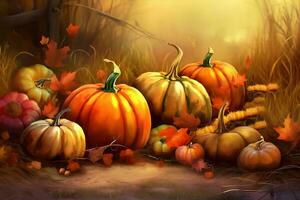 AI generated pumpkins and leaves in the autumn forest photo