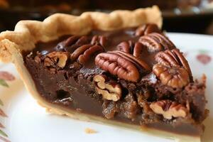 AI generated a piece of chocolate pecan pie with pecans on top photo