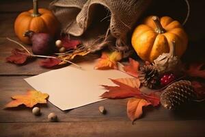 AI generated thanksgiving background with autumn leaves and pumpkins photo