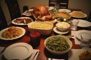 ai generado un mesa con un pavo, verde frijoles, y otro comida foto