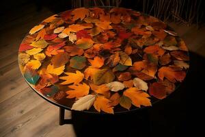 AI generated a table with leaves on it in a dark room photo
