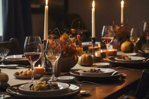 AI generated a dinner table is set with candles and plates photo