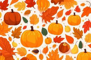 AI generated autumn seamless pattern with pumpkins, leaves and other autumnal items photo