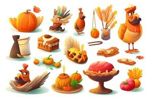 AI generated thanksgiving set of cartoon characters with pumpkin, corn, turkey and other items photo