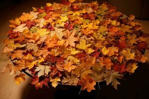AI generated a table covered with autumn leaves photo